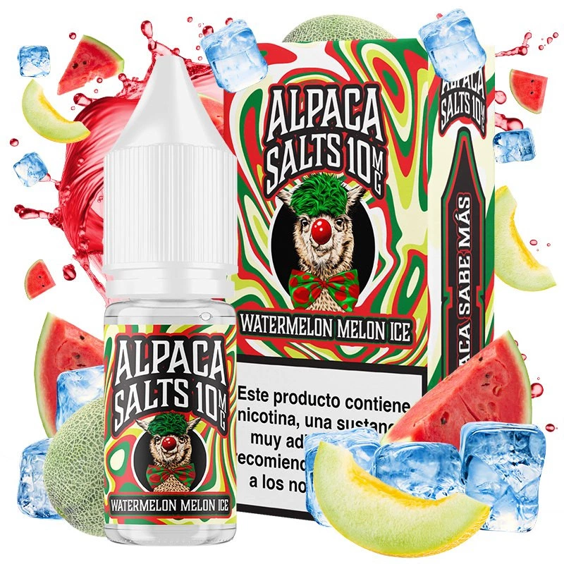 Frasco y caja Alpaca Salts Watermelon Melon Ice, con una alpaca de nariz roja, rodeados de sandía, melón y cubitos de hielo.