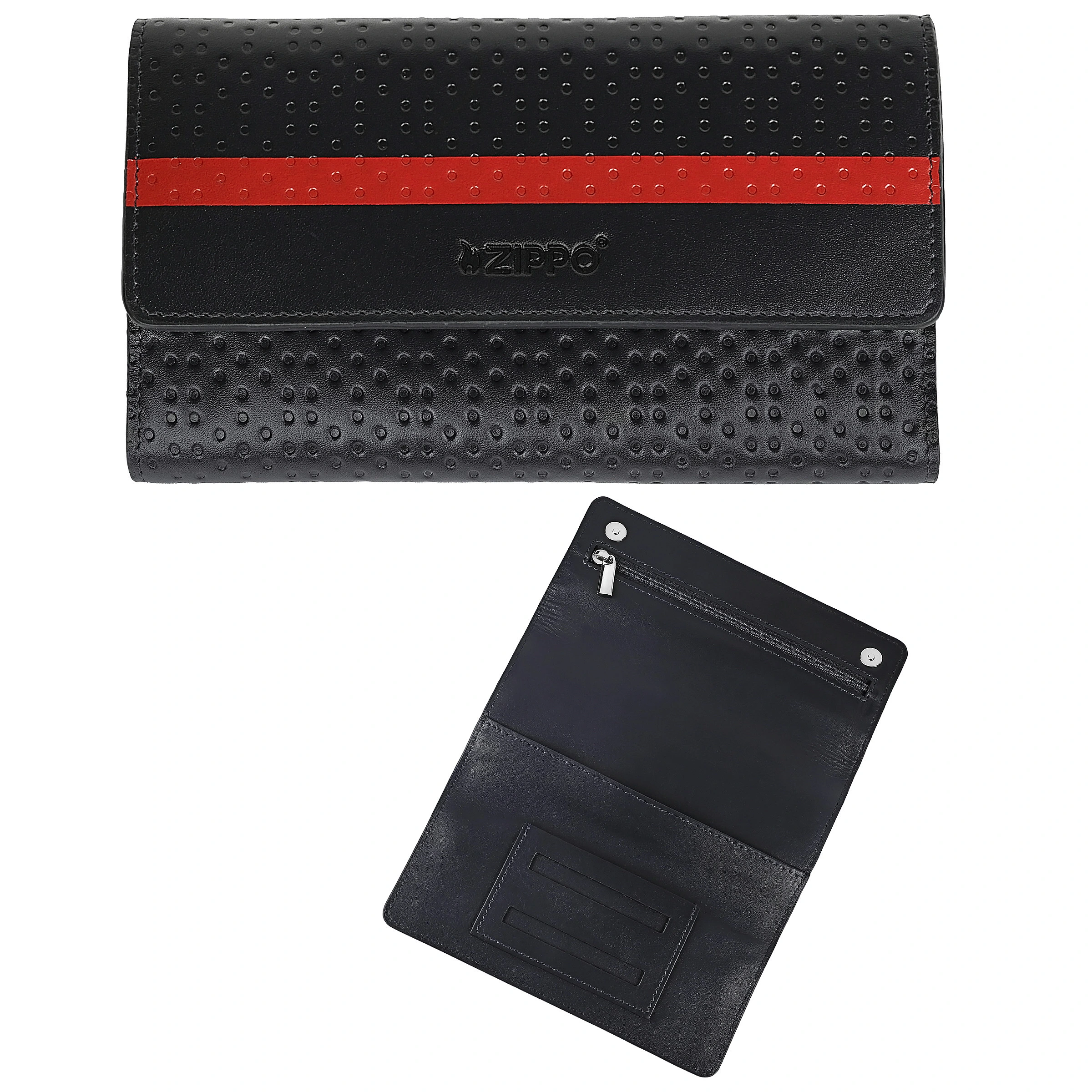 Bolsa para tabaco Zippo oscura, cerrada con franja roja y textura de puntos, y abierta mostrando cremallera, broches y compartimentos.