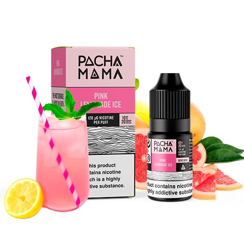 Frasco y caja rosa de Pachamama Pink Lemonade Ice, junto a un vaso de bebida rosa con pajita, cítricos y hojas verdes.