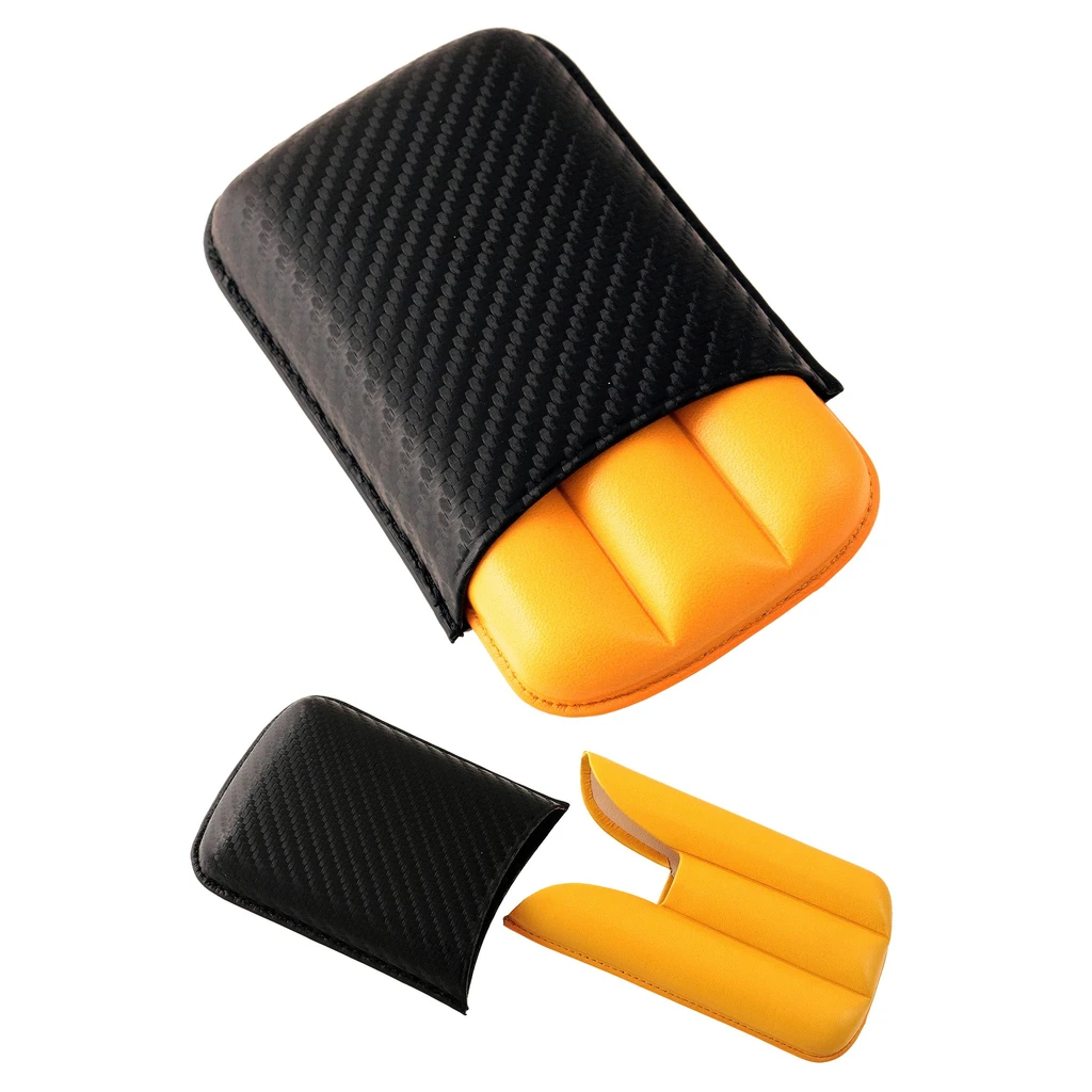 Purera negra con textura diagonal e interior naranja para tres puros, mostrada montada y con sus dos piezas separadas.