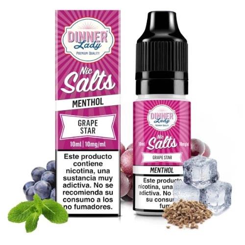 Frasco y caja rosa de Dinner Lady Grape Star Nic Salt, con texto Menthol, rodeados de uvas, hojas verdes y cubitos de hielo.