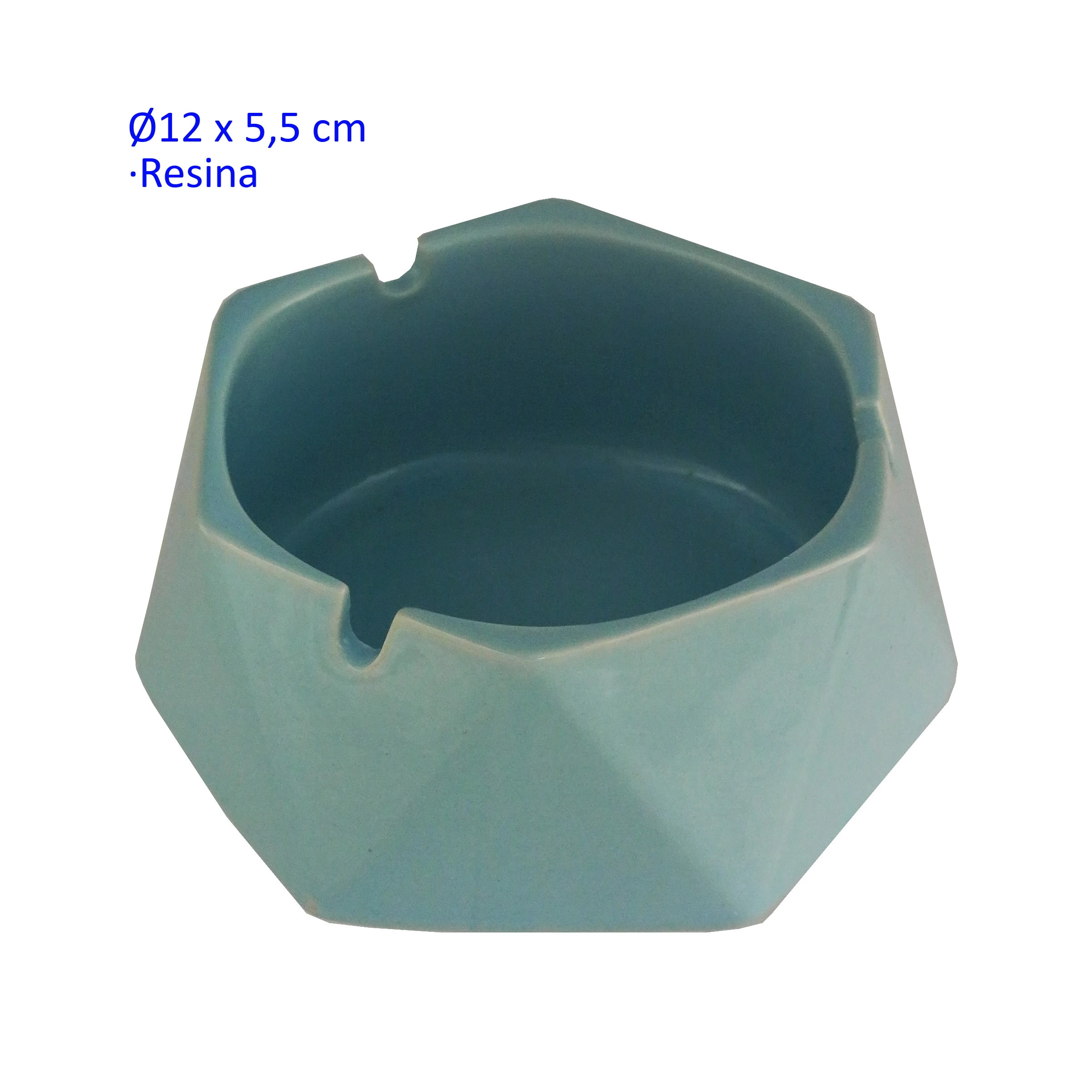 Cenicero de mesa azul verdoso con exterior facetado, cuenco circular y muescas en el borde, sobre fondo blanco.