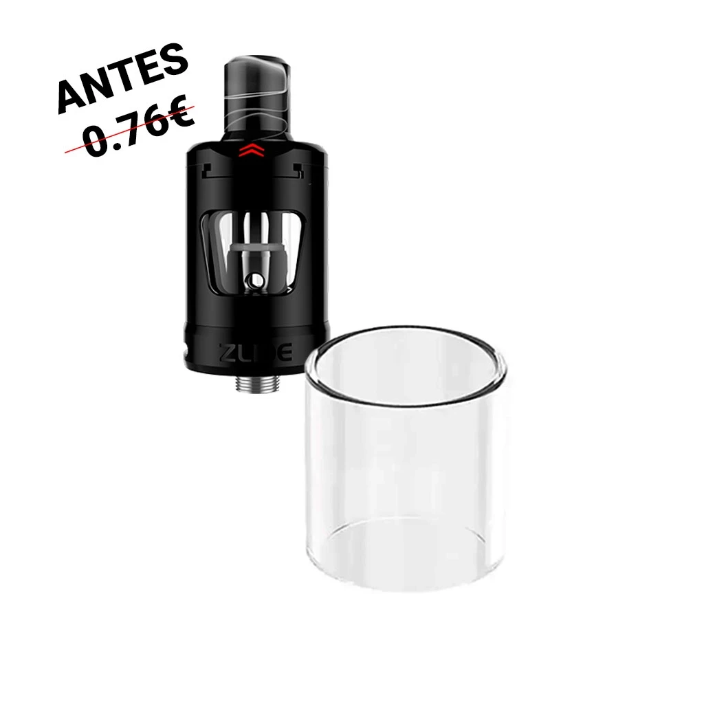 Tubo transparente de recambio Innokin Zlide Glass Tube T2 en primer plano, con un atomizador negro detrás sobre fondo blanco.