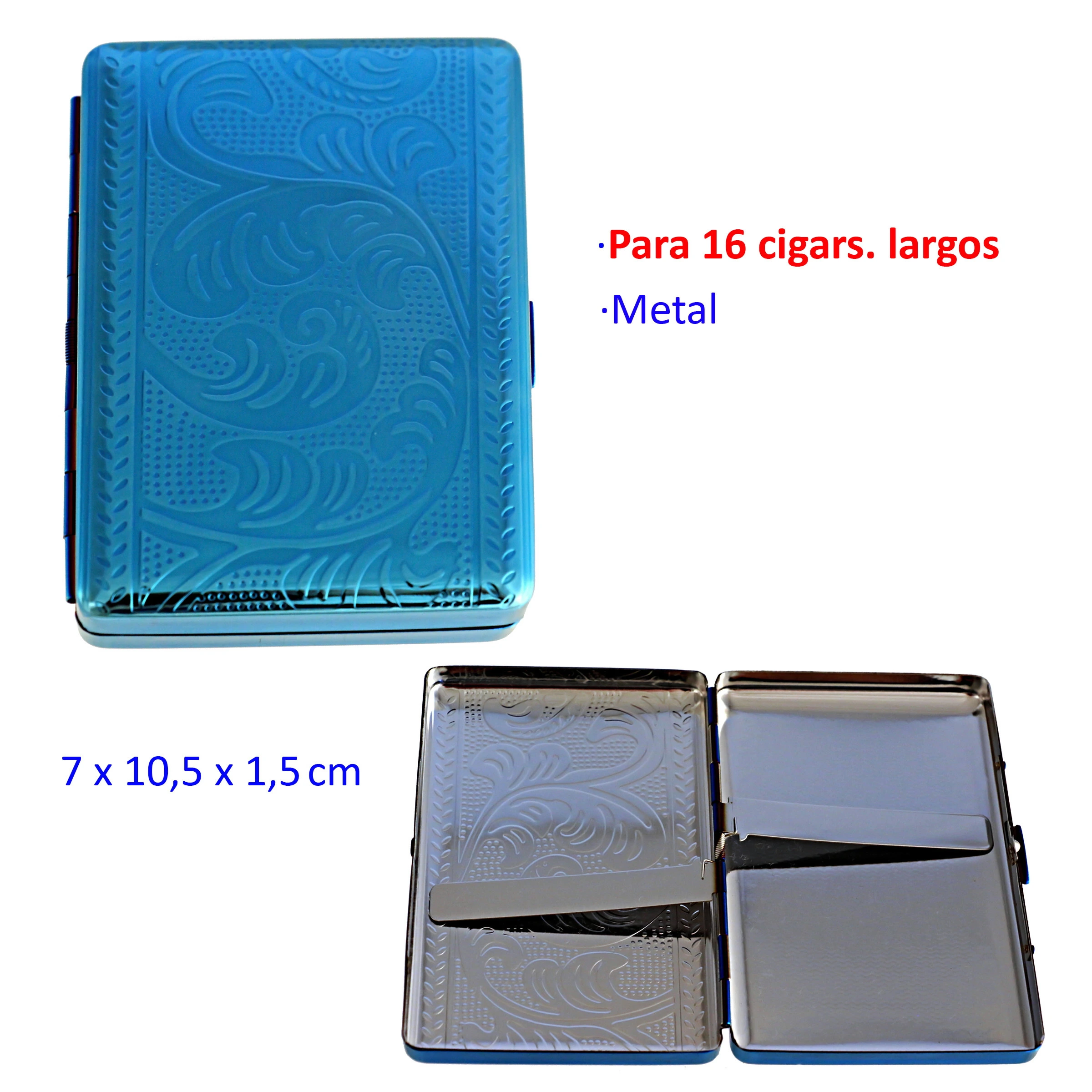Pitillera metálica azul con motivos curvos en relieve, mostrada cerrada y abierta para ver sus dos bandas interiores de sujeción.