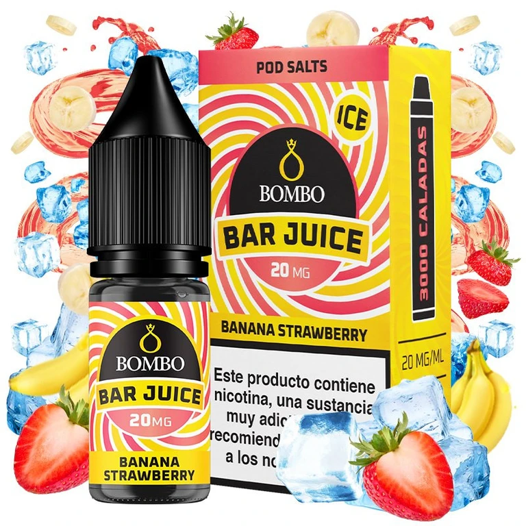 Frasco y caja Bombo Bar Juice Banana Strawberry Ice con etiqueta de 20 mg, rodeados de fresas, plátanos y cubitos de hielo.