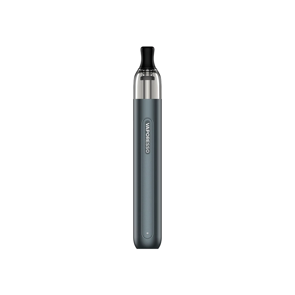 Vaporesso Eco One Pod Kit en posición vertical, con cuerpo gris oscuro, depósito transparente y boquilla negra sobre fondo blanco.