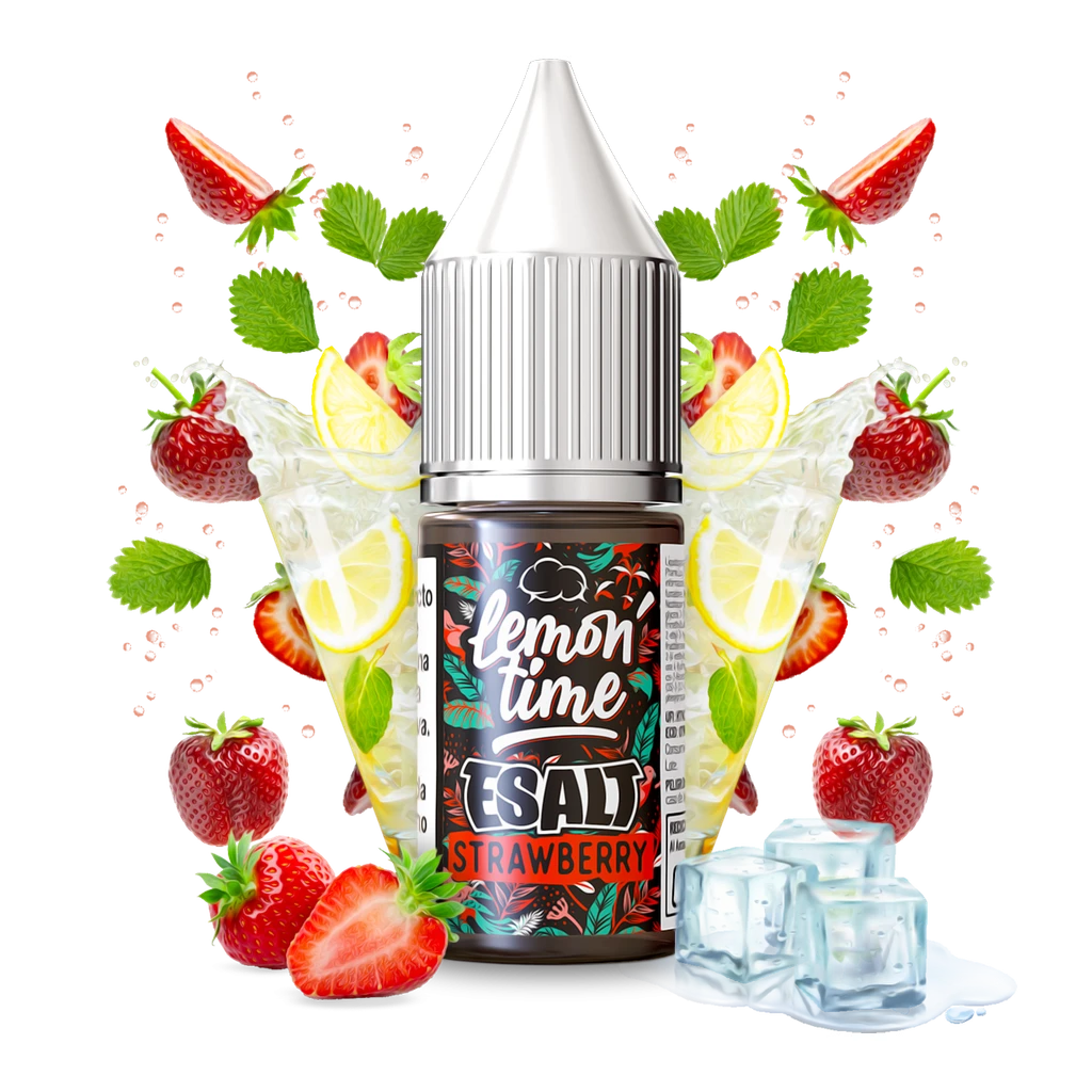 Frasco Lemon Time Strawberry E-salt con tapón blanco, rodeado de fresas, rodajas de limón y cubitos de hielo sobre fondo negro.