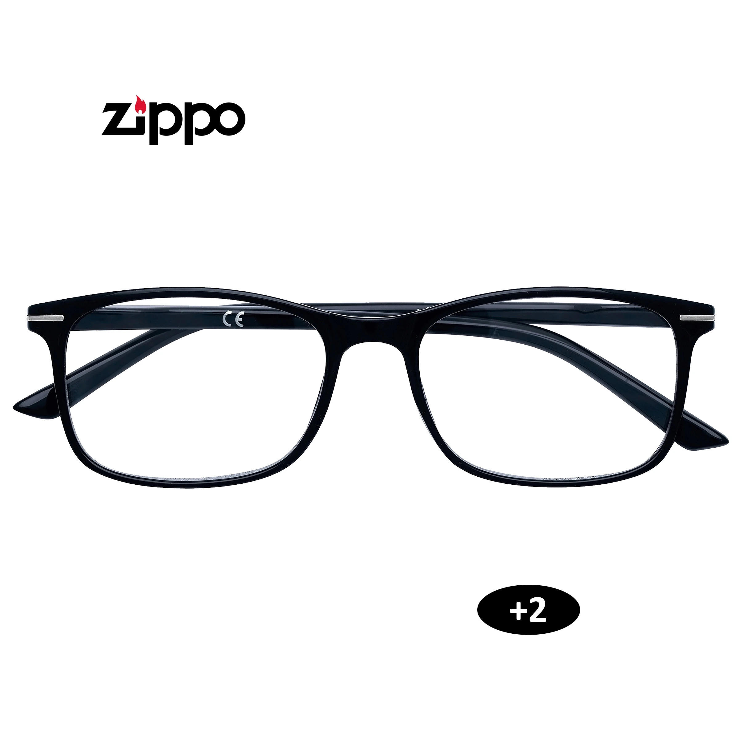 Gafas de lectura Zippo con montura negra rectangular y patillas abiertas, vistas de frente, con indicación de graduación +2.