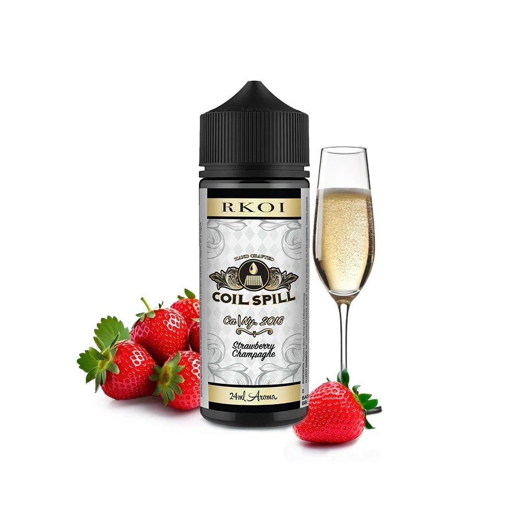 Frasco Coil Spill Rkoi de 24 ml con tapón negro, junto a fresas y una copa con bebida dorada y burbujas sobre fondo blanco.