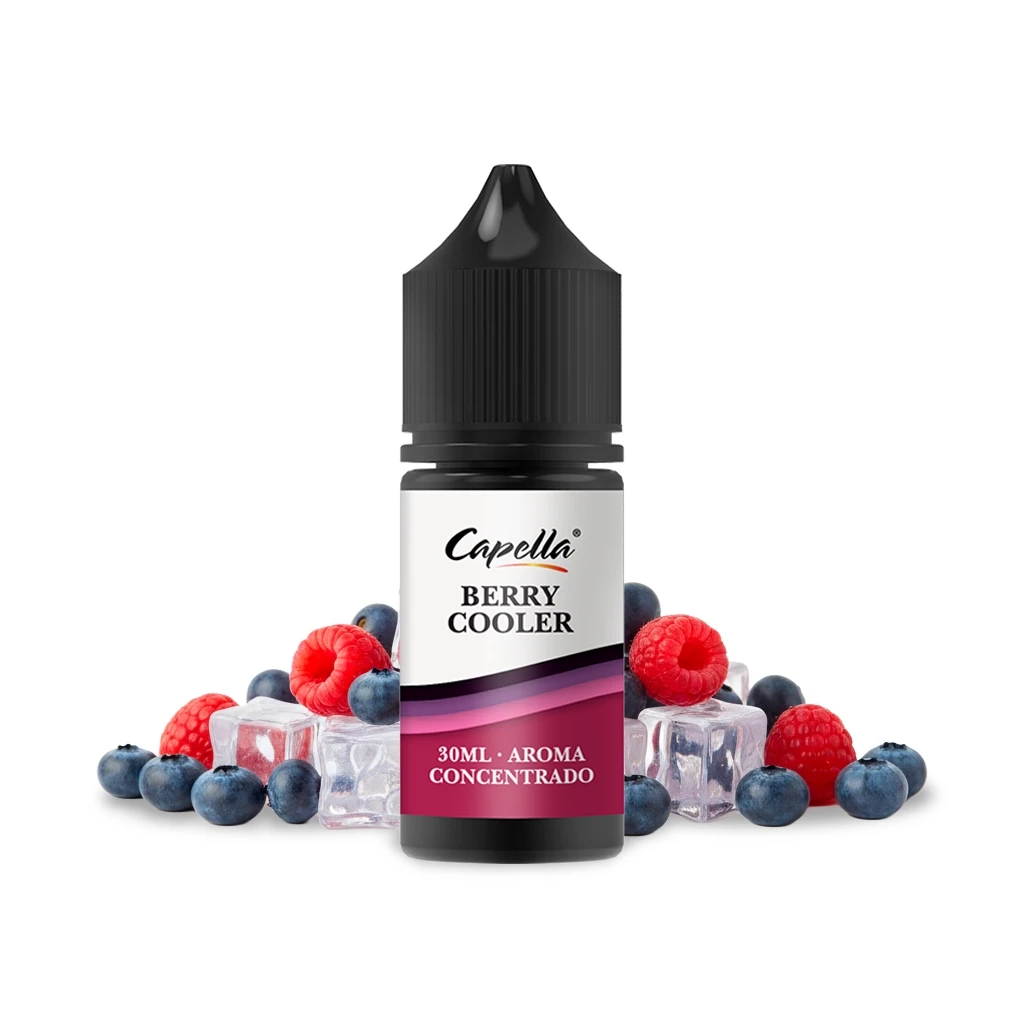 Frasco de aroma concentrado Capella Berry Cooler de 30 ml con tapón negro, rodeado de arándanos, frambuesas y cubitos de hielo.