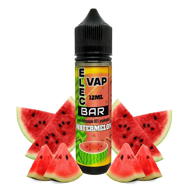 Bote de aroma Watermelon Bar Elecvap de 12 ml con tapón negro y etiqueta de sandía, rodeado de porciones de sandía sobre fondo blanco.