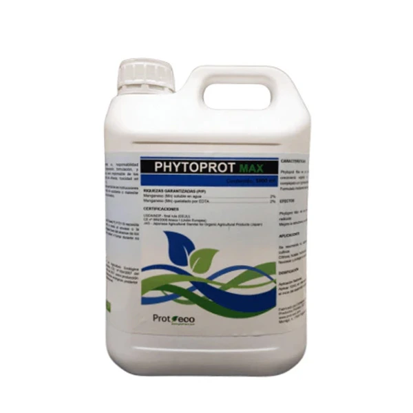 Garrafa blanca de Phytoprot Max de Prot Eco, con asa integrada, tapón de rosca y etiqueta con motivos vegetales azules y verdes.