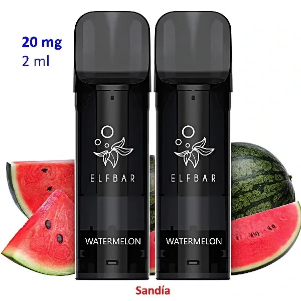 Dos pods negros Elfbar Watermelon con boquillas oscuras, rodeados de sandía entera y cortada sobre fondo blanco.