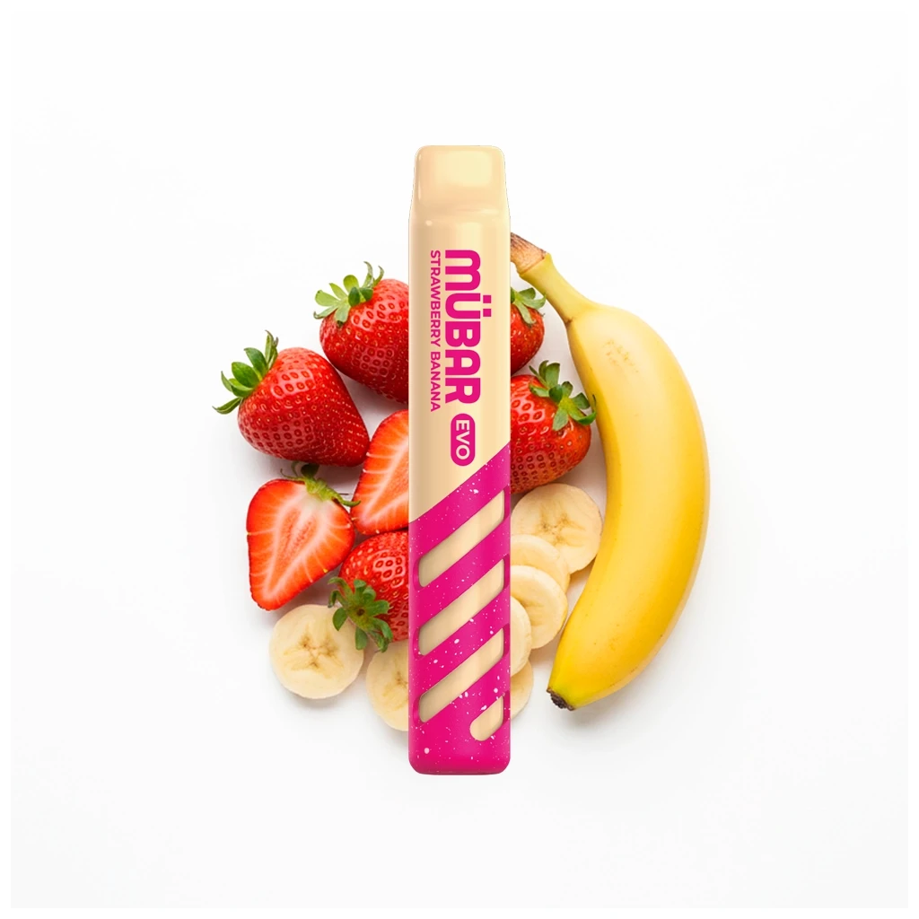 Mübar Evo Strawberry Banana de cuerpo amarillo y rosa, delante de fresas enteras y cortadas, un plátano y rodajas de plátano.