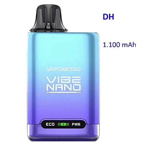 Vaporesso Vibe Nano Ice Blueberry visto de frente, con degradado azul y violeta, boquilla negra e indicador ECO/PWR.