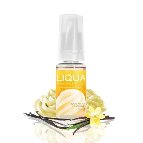 Frasco Liqua Vanilla con etiqueta amarilla y tapón translúcido, rodeado de vainas, una flor y remolinos de crema.