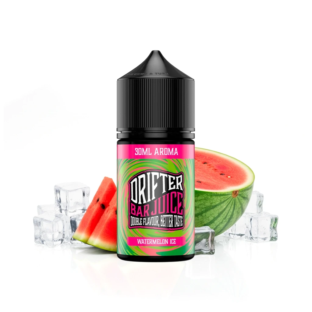 Frasco de Drifter Watermelon Ice Aroma con tapón negro y etiqueta verde y rosa, acompañado de sandía cortada y cubitos de hielo.