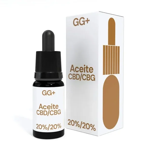 Frasco de aceite GG+ con cuentagotas negro y caja blanca, ambos rotulados «Aceite CBD/CBG» y «20%/20%» en dorado.