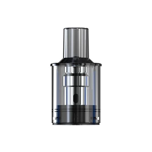 Cartucho de recambio Joyetech eGo Pod con depósito transparente, pieza central metálica y boquilla oscura sobre fondo blanco. Cartucho de recambio Joyetech eGo Pod con depósito transparente, pieza central metálica y boquilla oscura sobre fondo blanco.