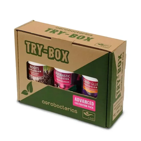 Caja marrón y verde TryBox Advanced de Agrobacterias, con ventana que muestra tres botes de etiquetas de distintos colores.