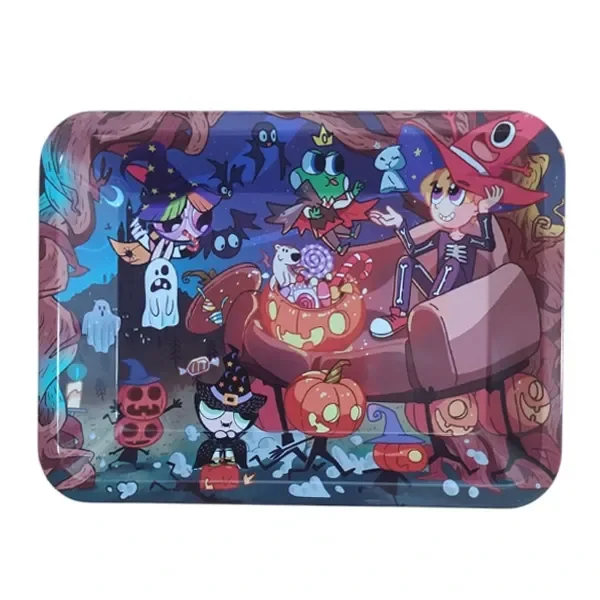Bandeja rectangular de esquinas redondeadas con ilustración multicolor de Halloween, brujas, fantasmas y calabazas.