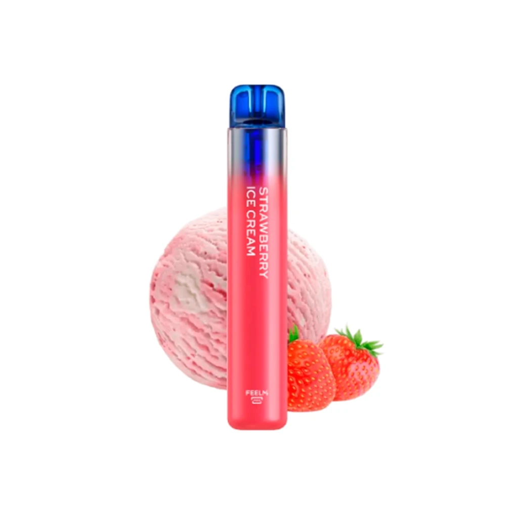 Vapeador Vozol Neon Strawberry Ice Cream rosa con boquilla azul, delante de una bola de helado rosa y dos fresas sobre fondo blanco. Vapeador Vozol Neon Strawberry Ice Cream rosa con boquilla azul, delante de una bola de helado rosa y dos fresas sobre fondo blanco.