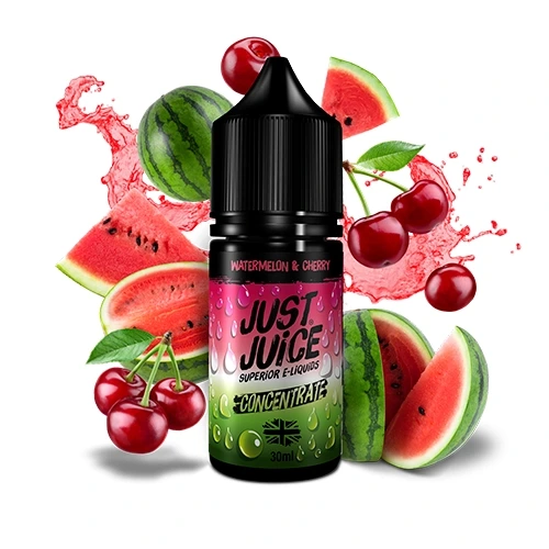 Frasco Just Juice Watermelon & Cherry de 30 ml con tapón negro, rodeado de sandías, cerezas y salpicaduras rojas.