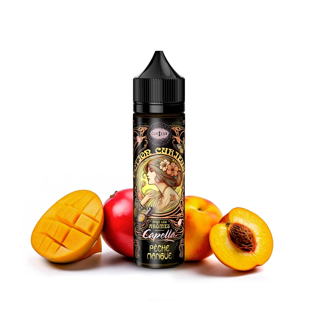 Frasco Curieux Peach Mango con tapón negro y etiqueta ilustrada con una mujer, rodeado de mango y melocotón sobre fondo blanco.