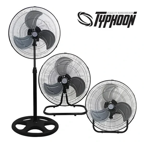 Ventilador Typhoon mostrado en tres configuraciones: de pie con base circular y dos montajes bajos con soporte, junto al logotipo.