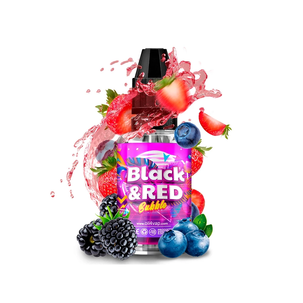 Frasco Oil4vap Black & Red Bubble con etiqueta rosa y tapón negro, rodeado de fresas, moras, arándanos y una salpicadura rosa.