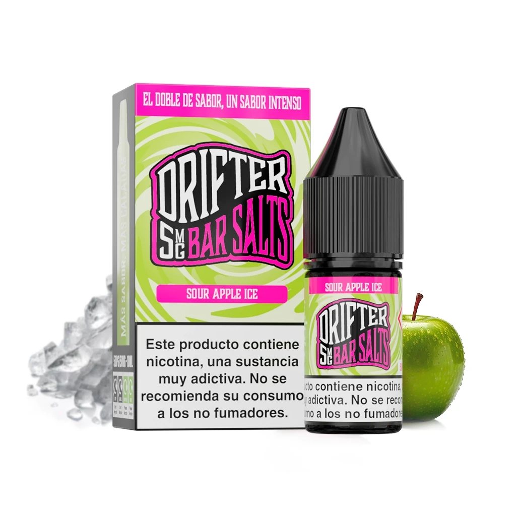 Frasco y caja Drifter Bar Salts Sour Apple Ice, con diseño verde y rosa y advertencia de nicotina, junto a una manzana verde y hielo.
