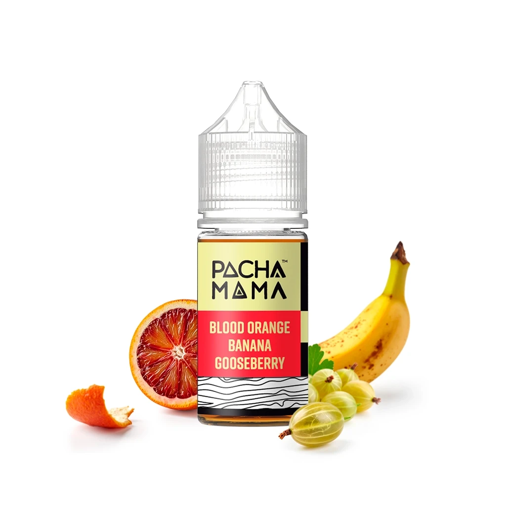 Frasco Pachamama Blood Orange Banana Gooseberry con tapón transparente, junto a naranja sanguina cortada, plátano y grosellas verdes.