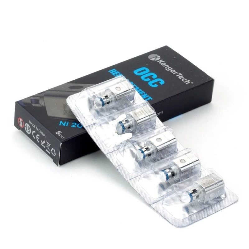 Cinco resistencias plateadas en un blíster diagonal sobre una caja negra KangerTech, con las inscripciones OCC y Ni 200.