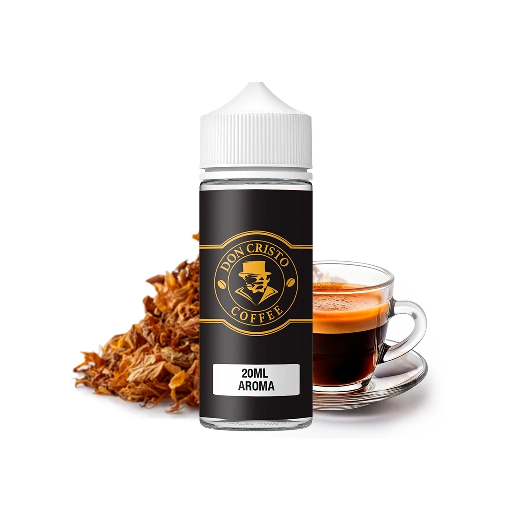 Frasco Don Cristo Coffee con tapón blanco y etiqueta negra y dorada «20ML AROMA», delante de una taza de café y hojas marrones.