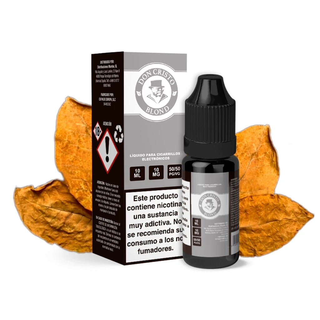 Frasco oscuro de Don Cristo Blond junto a su caja gris y negra, con advertencia de nicotina y hojas secas de tonos dorados detrás.