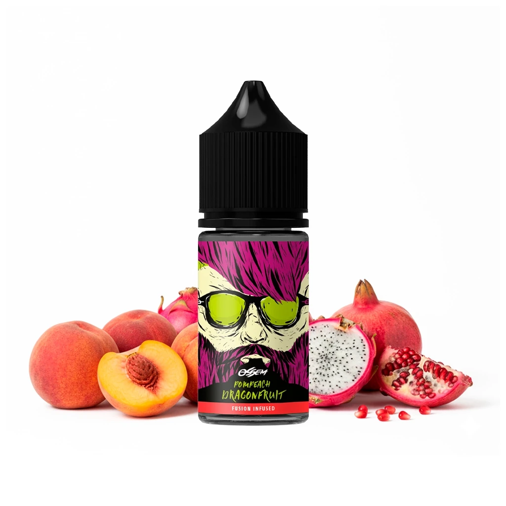 Frasco Ossem Pompeach Dragonfruit con tapón negro y etiqueta de rostro con gafas, rodeado de melocotones, pitahaya y granada.