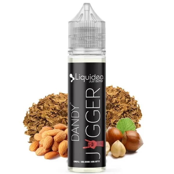 Frasco Longfill Dandy Jagger de Liquideo con etiqueta negra y tapón transparente, delante de hojas de tabaco, almendras y avellanas.