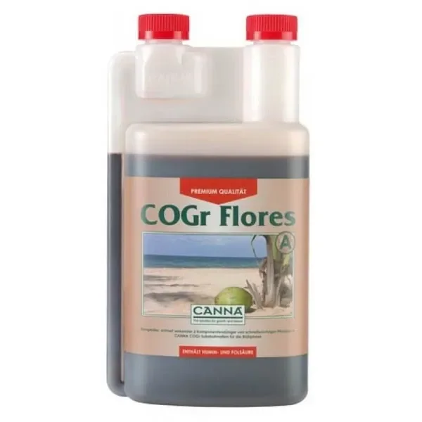 Envase de COGr Flores A de CANNA con dos tapones rojos, depósito dosificador integrado y etiqueta con una escena de playa.