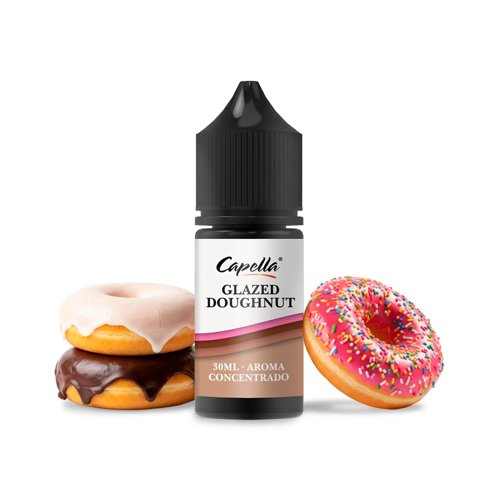 Frasco de aroma Glazed Doughnut de Capella con tapón negro, rodeado de dónuts con glaseado blanco, chocolate y rosa.