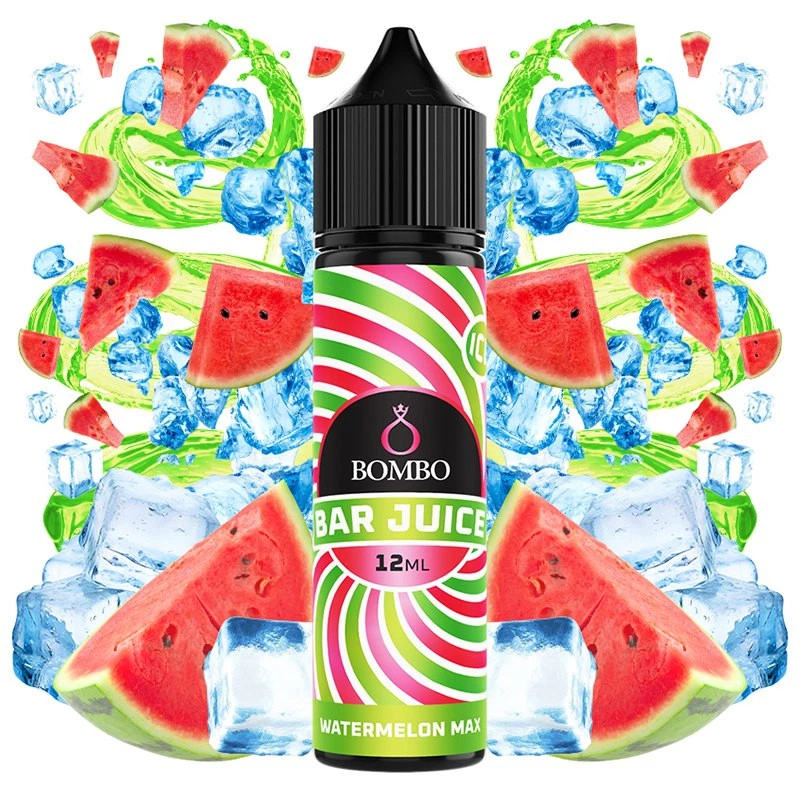 Frasco Bombo Bar Juice Watermelon Max con etiqueta verde y rosa, rodeado de trozos de sandía y cubitos de hielo.