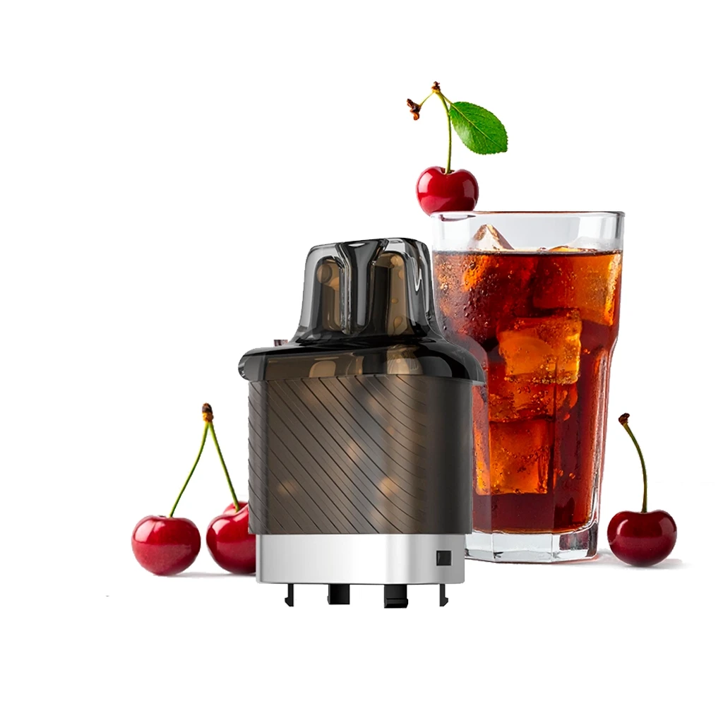 Pod Vozol Vista Plug Cherry Cola con cuerpo oscuro estriado y base plateada, delante de un vaso de cola con hielo y cerezas.