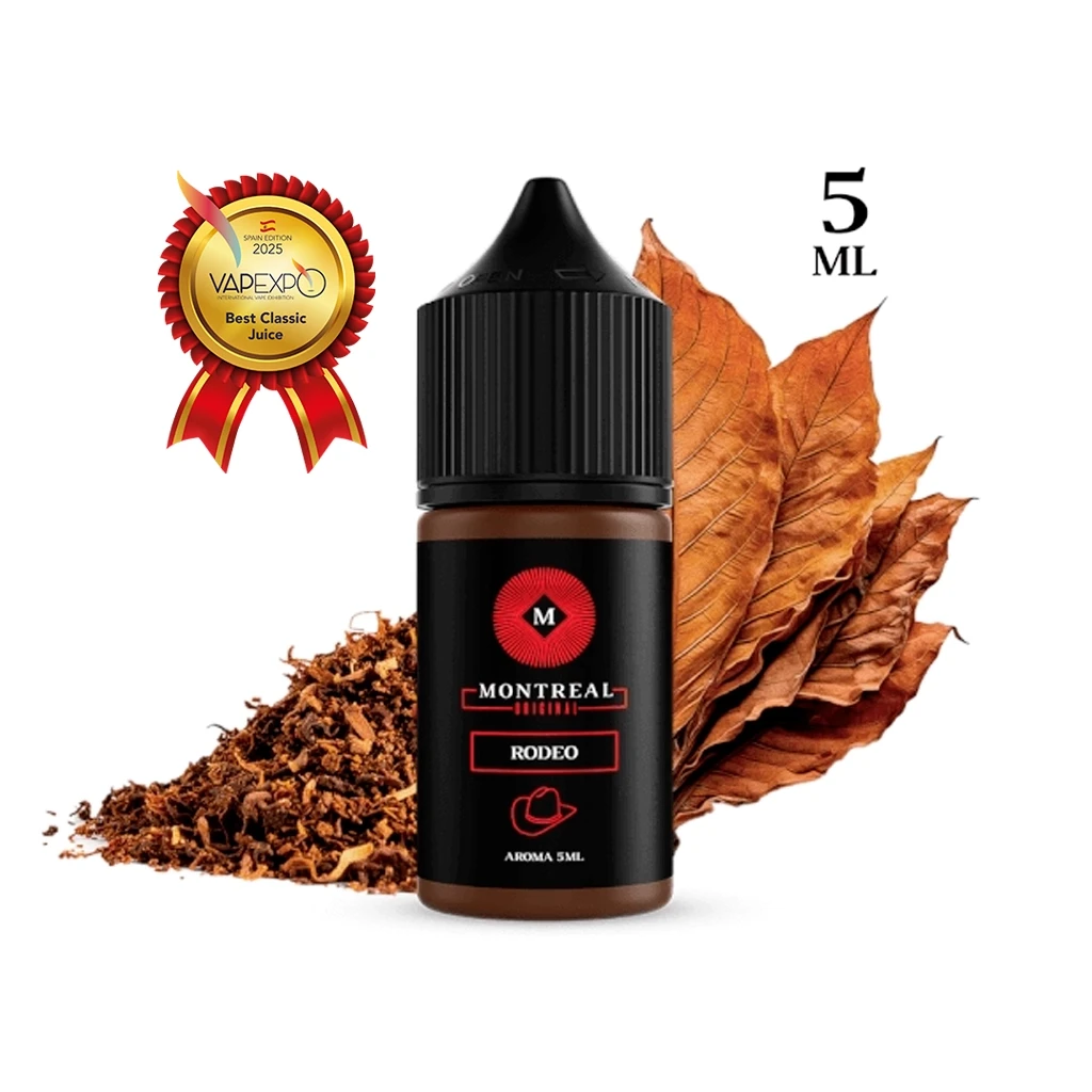 Frasco Montreal Original Rodeo con tapón negro, hojas secas y tabaco picado, junto al texto «5 ML» y una medalla gráfica.