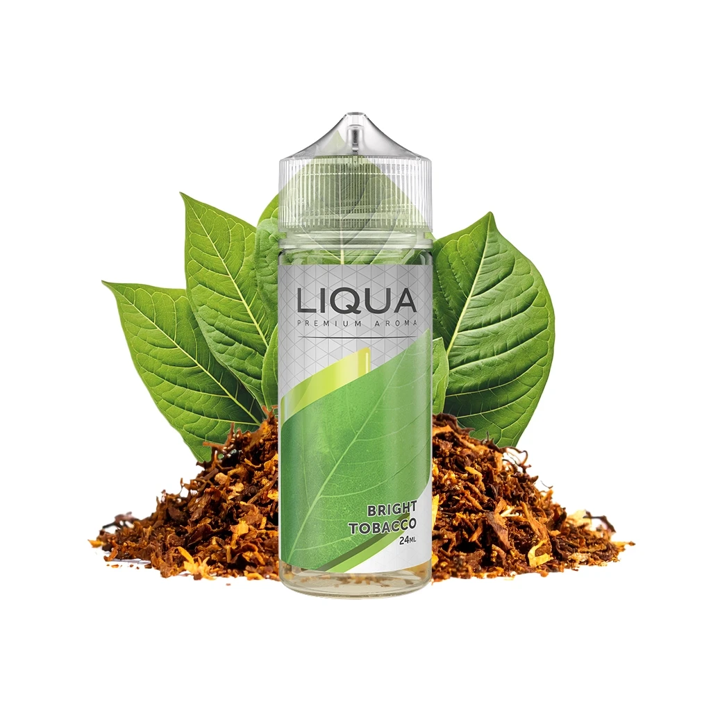 Frasco Liqua Bright Tobacco de 24 ml con tapón transparente y etiqueta verde, delante de hojas verdes y tabaco picado.