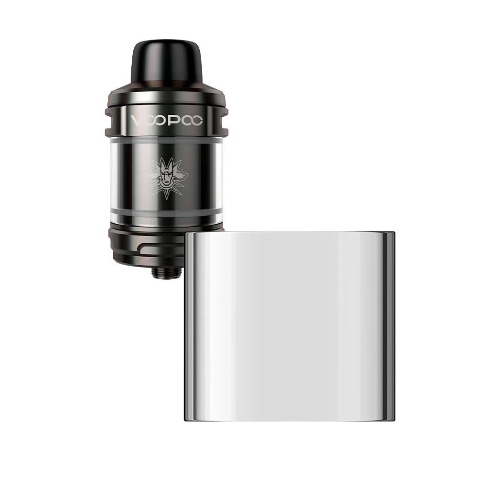 Depósito cilíndrico de recambio Voopoo UFORCE-X Straight Glass en primer plano, con el atomizador negro detrás sobre fondo blanco. Depósito cilíndrico de recambio Voopoo UFORCE-X Straight Glass en primer plano, con el atomizador negro detrás sobre fondo blanco.
