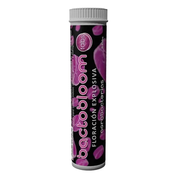 Tubo de Bactobloom Tabs Agrobacterias con tapón gris y etiqueta negra y violeta con el texto «Floración explosiva». Tubo de Bactobloom Tabs Agrobacterias con tapón gris y etiqueta negra y violeta con el texto «Floración explosiva».