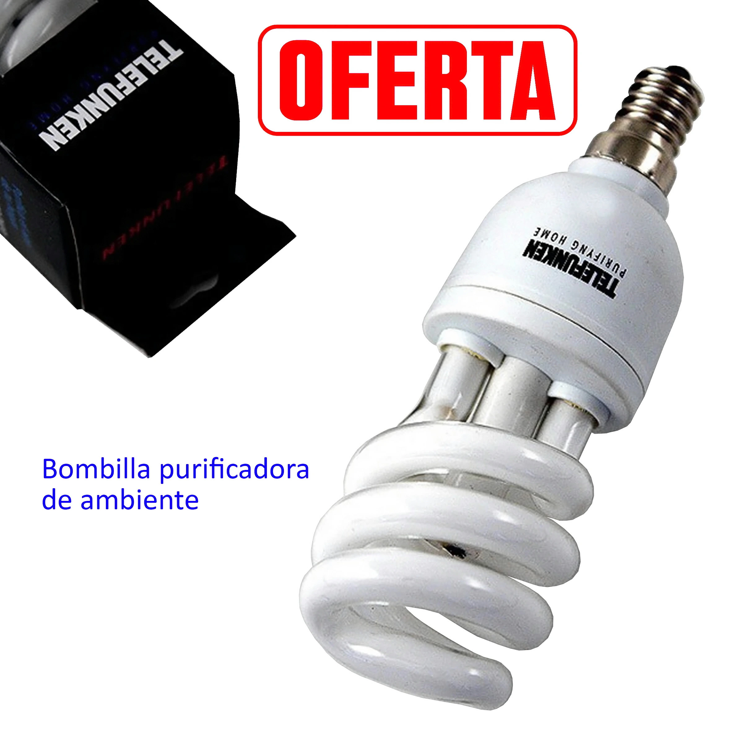 Bombilla Telefunken de tubo blanco en espiral y casquillo de rosca, colocada en diagonal junto a su caja negra.