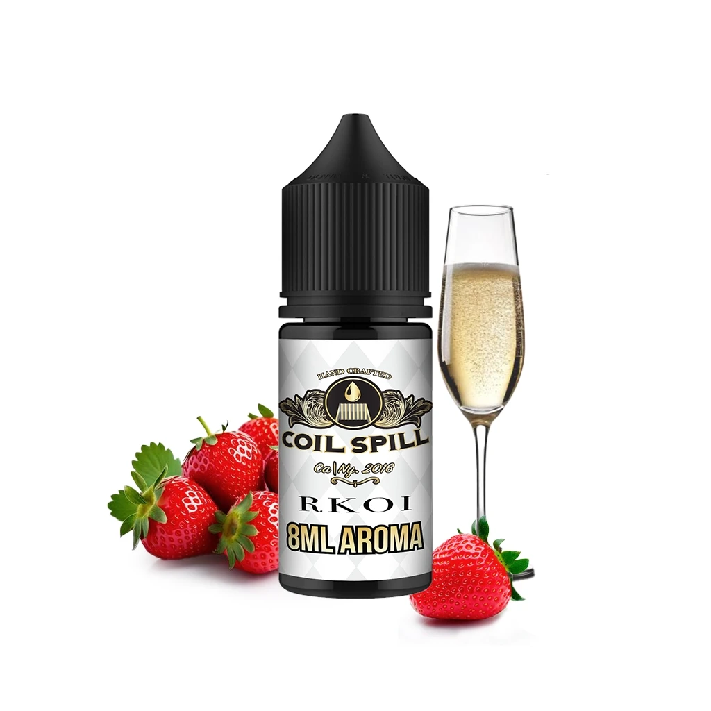 Frasco Coil Spill Rkoi con tapón negro y etiqueta «8ML AROMA», acompañado de fresas y una copa con líquido dorado y burbujas.