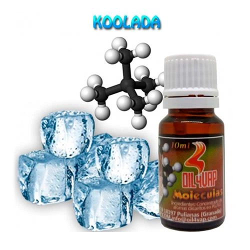 Frasco ámbar de Oil4Vap Molécula Koolada con tapón blanco, junto a cubitos de hielo y un modelo molecular sobre fondo blanco.