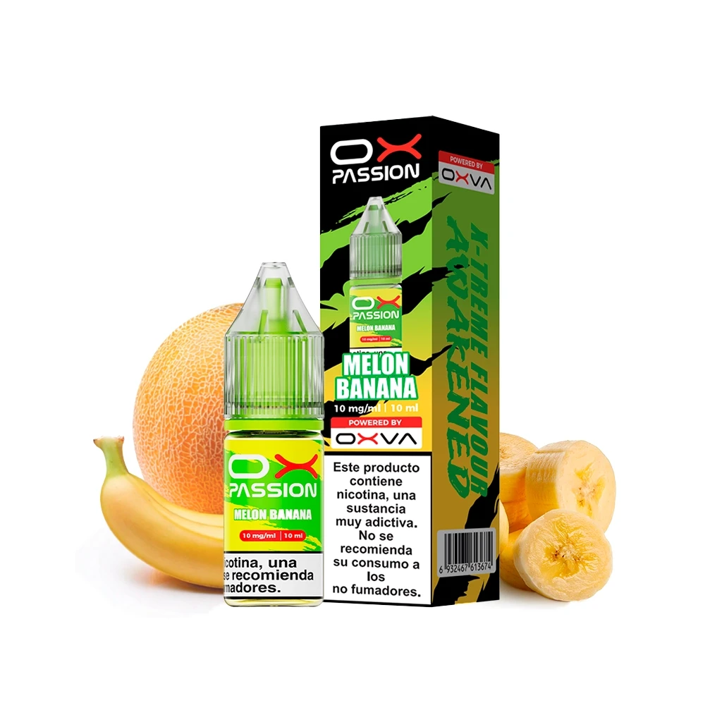 Frasco y caja de Ox Passion Melon Banana en verde y negro, con advertencia de nicotina, acompañados de melón y plátano.