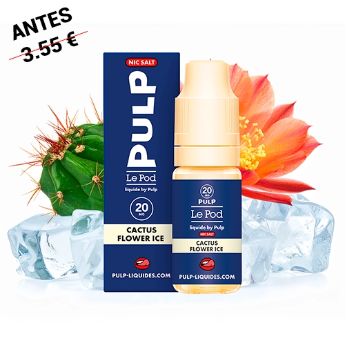 Frasco y caja azul Pulp Le Pod Cactus Flower Ice, con indicación de 20 mg, junto a un cactus con flor y cubitos de hielo.